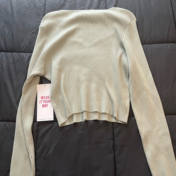 Celebrity Pink Ribbed V-Neck Top in Light Green - Picture 5 of 5